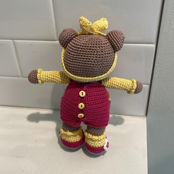 Handcrafted Brownie Bear Doll Figure in Dress Crochet Amigurumi Toy Floral Sunny - Picture 7 of 13